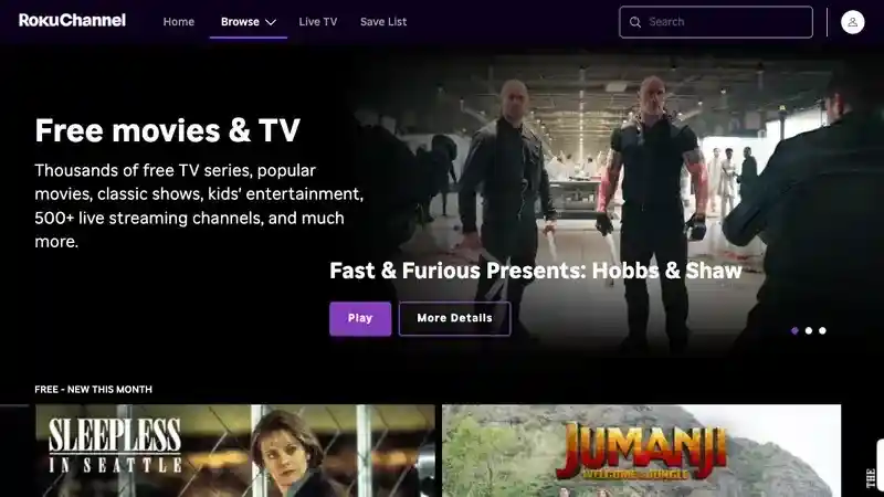 Official Roku Channel interface showing free movies and TV shows