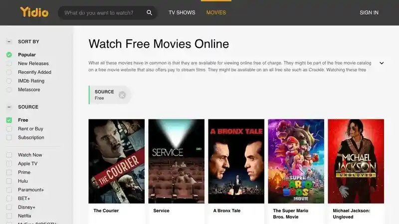 Official Yidio interface showing free movie discovery filters