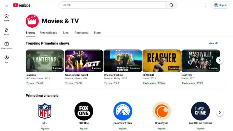 Official YouTube Movies and TV interface with free ad-supported titles