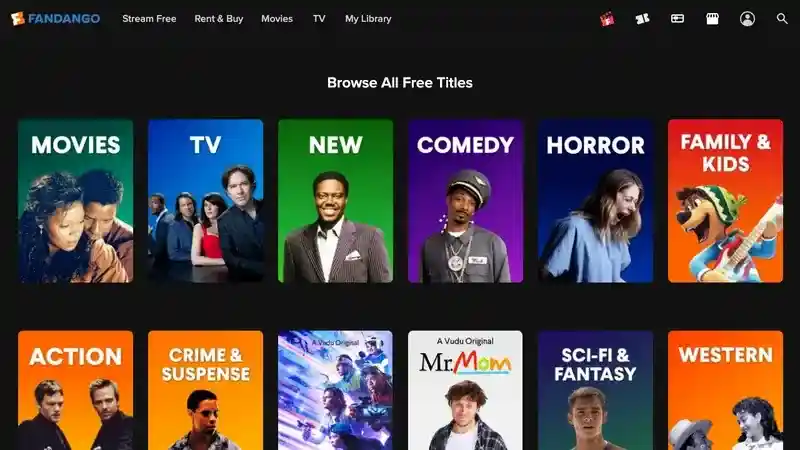 Official Fandango at Home interface showing its free streaming catalog