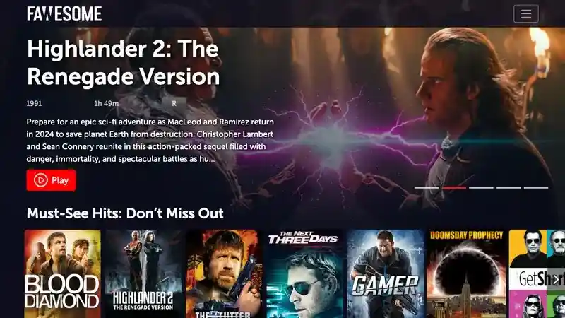 Official Fawesome interface showing its free movie catalog