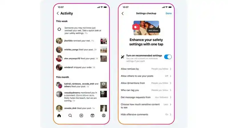 Official Instagram Activity and safety settings screens