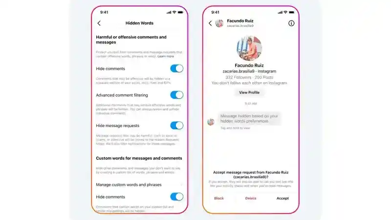 Official Instagram Hidden Words and filtered message request screens