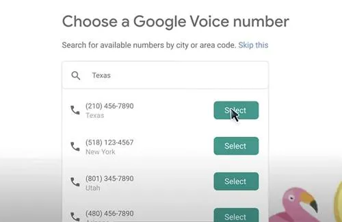 Google Voice number signup screen
