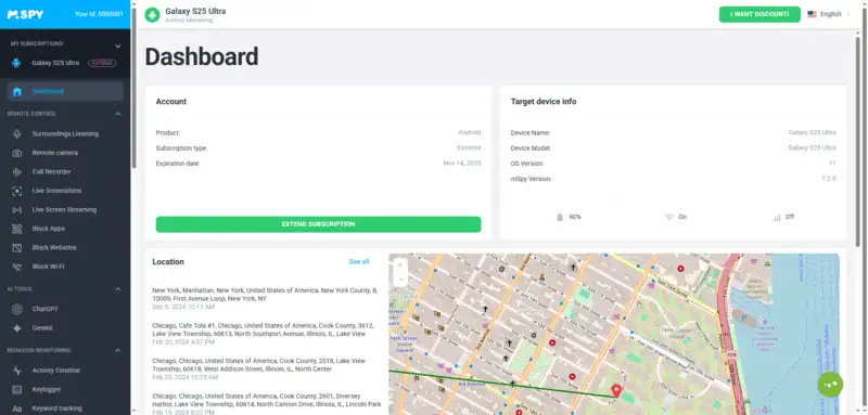 mSpy phone monitoring dashboard