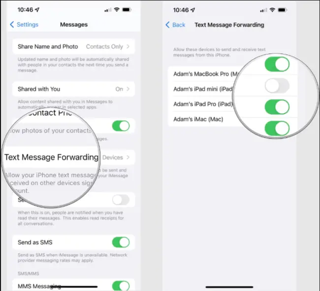 iPhone text message forwarding