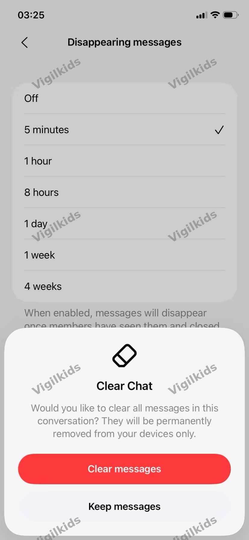 Disappearing messages options