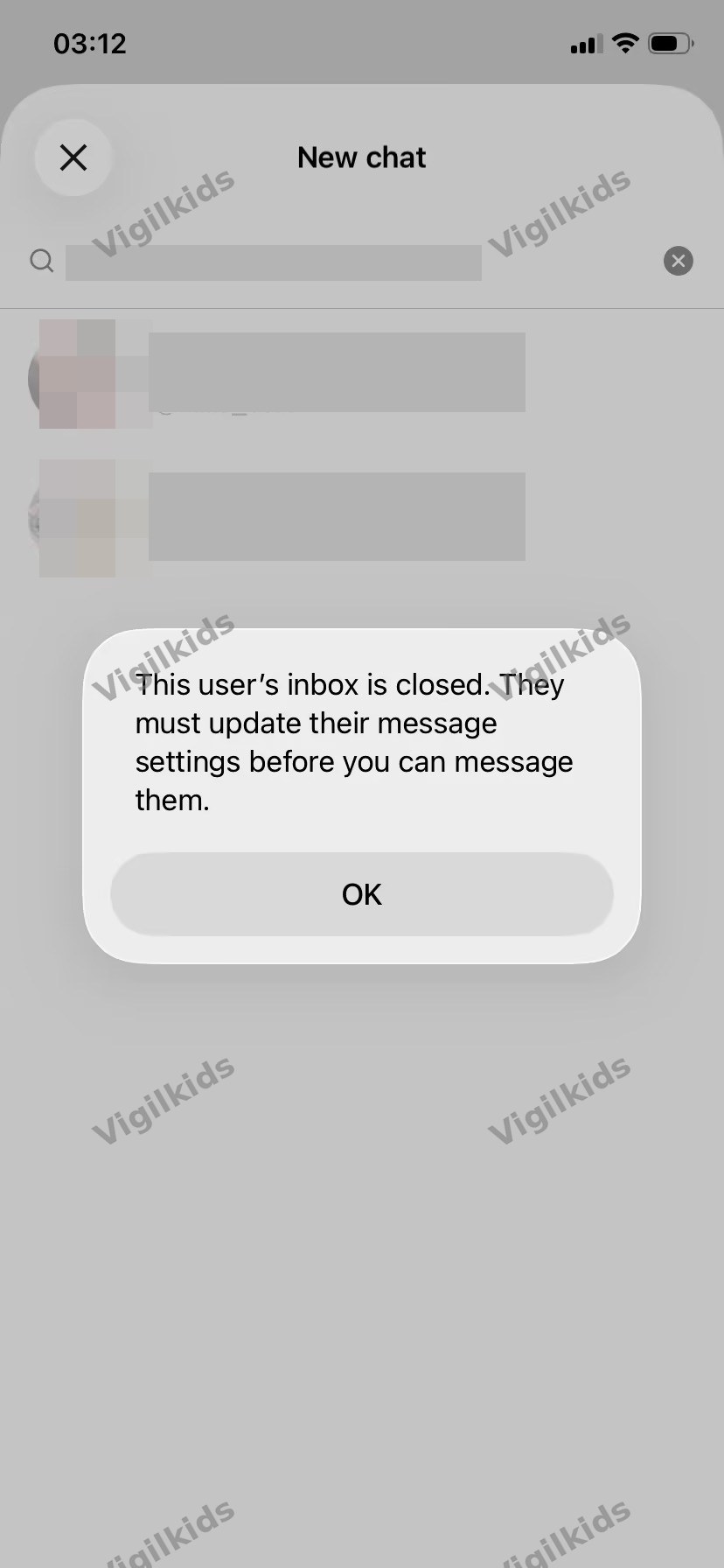 XChat 'New chat' search dialog with a popup error reading 'This user's inbox is closed. They must update their message settings before you can message them.'