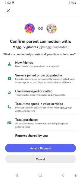 Teen confirming a Discord Family Center connection
