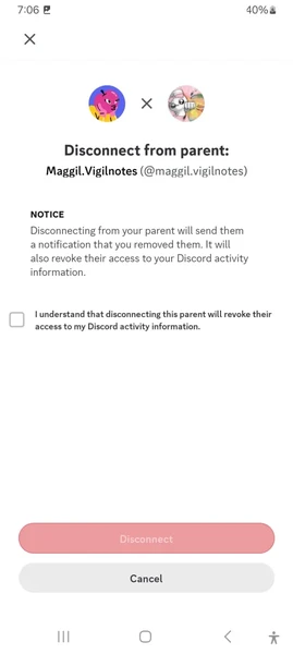 Discord option to disconnect from a Family Center guardian