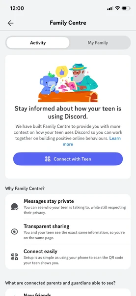 Parent view of Discord Family Center Activity tab