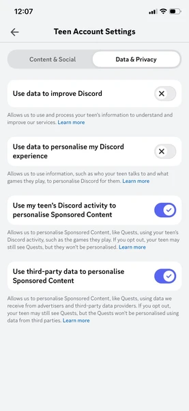 Discord teen account data and privacy settings