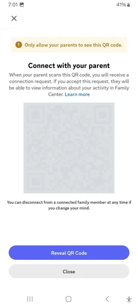 Teen sharing a Discord Family Center QR code