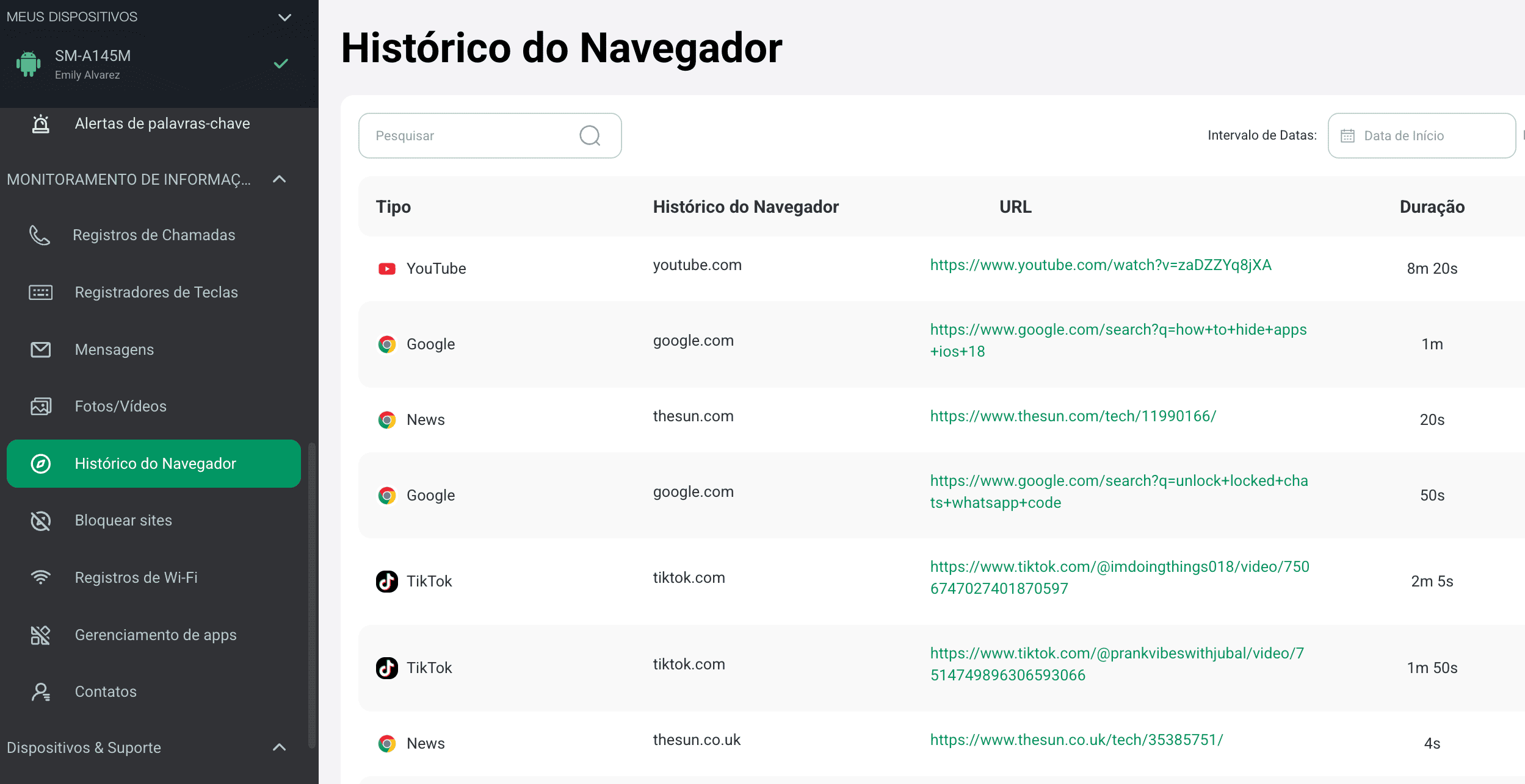 Vigilkids historico do navegador