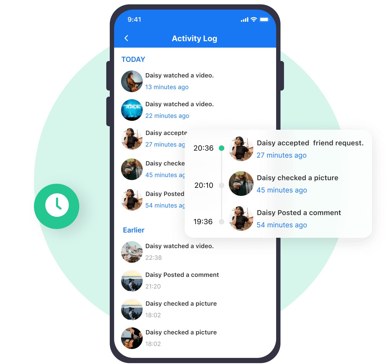 Registro de actividad de Facebook mostrando videos vistos, solicitudes de amistad y comentarios