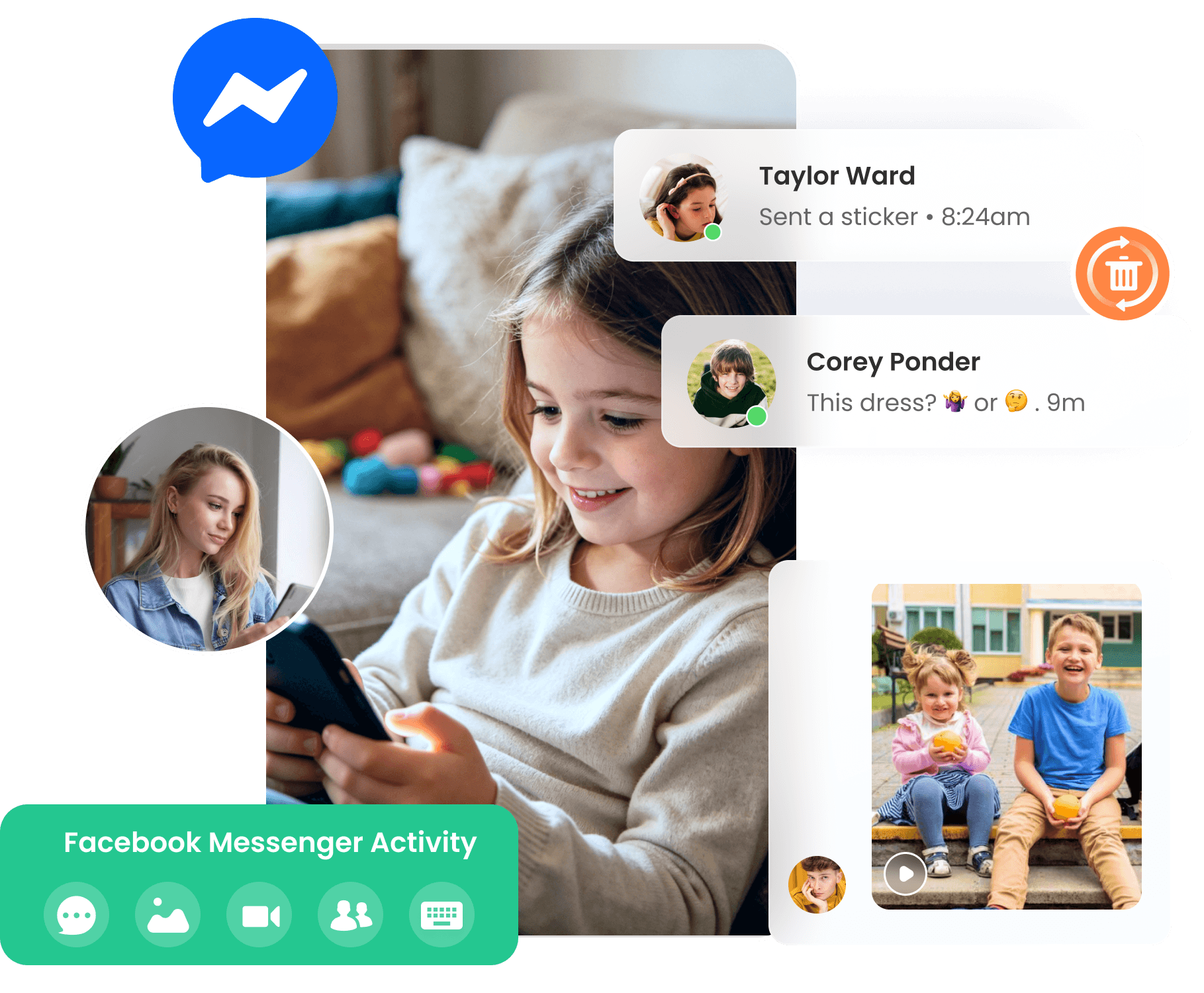 Ilustración de un teléfono mostrando la actividad de Facebook Messenger siendo monitoreada
