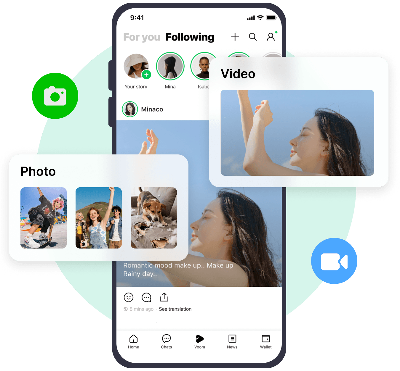 स्क्रीन पर कैप्चर किए गए LINE VOOM के फोटो और वीडियो