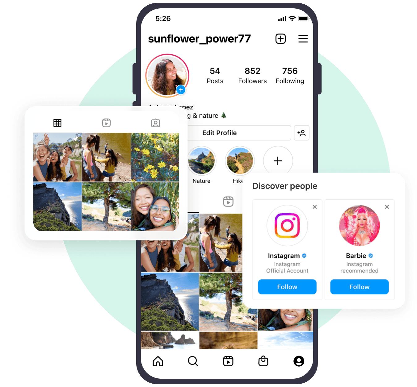Profilo Instagram con account seguiti e suggerimenti di persone da scoprire