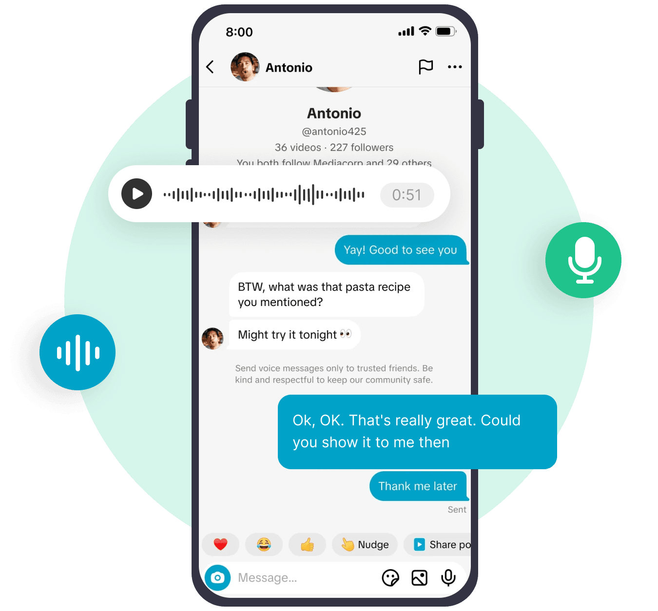 Conversa de DM do TikTok com uma mensagem de voz capturada