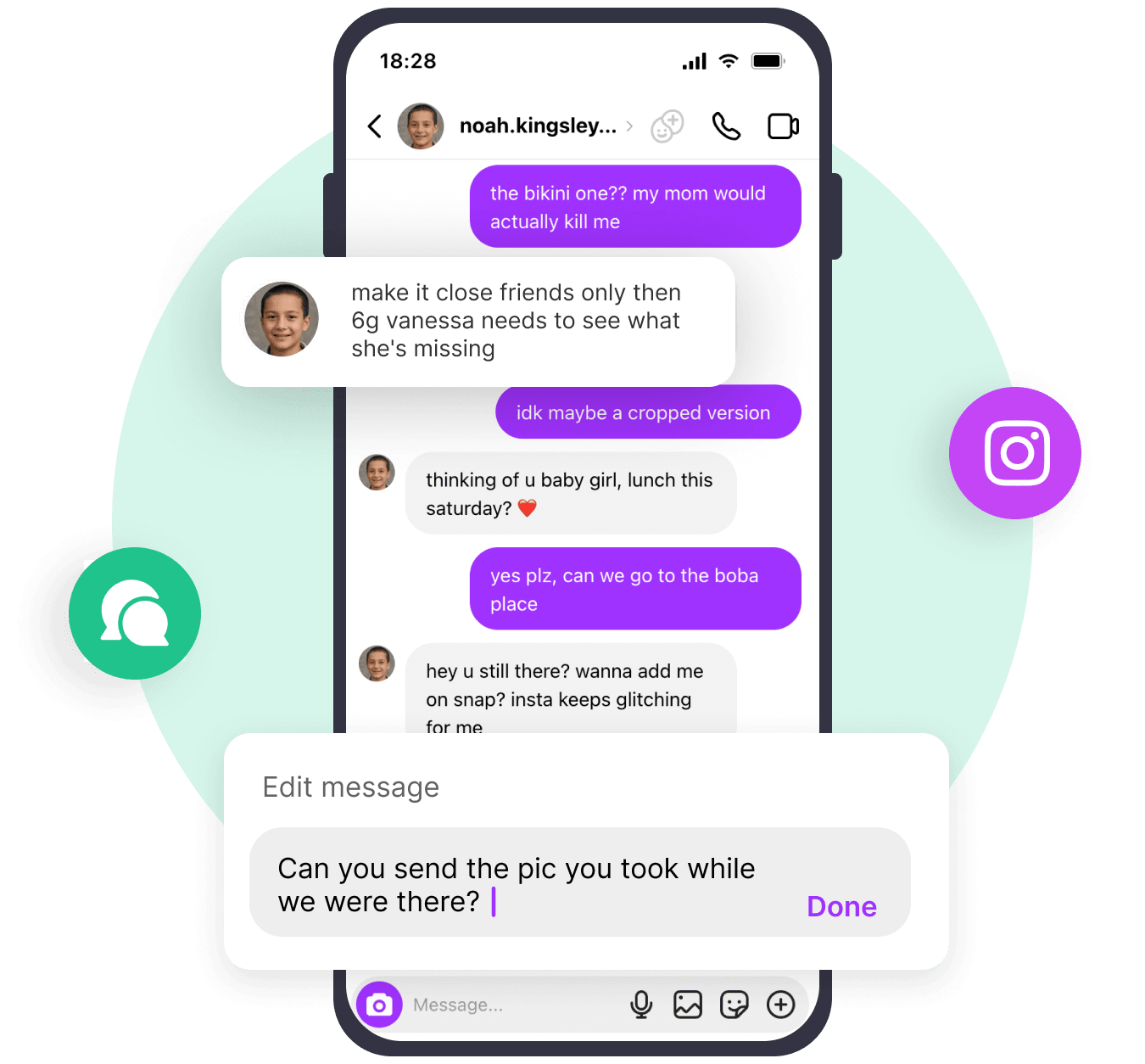 Conversazione DM di Instagram catturata mentre un messaggio viene modificato