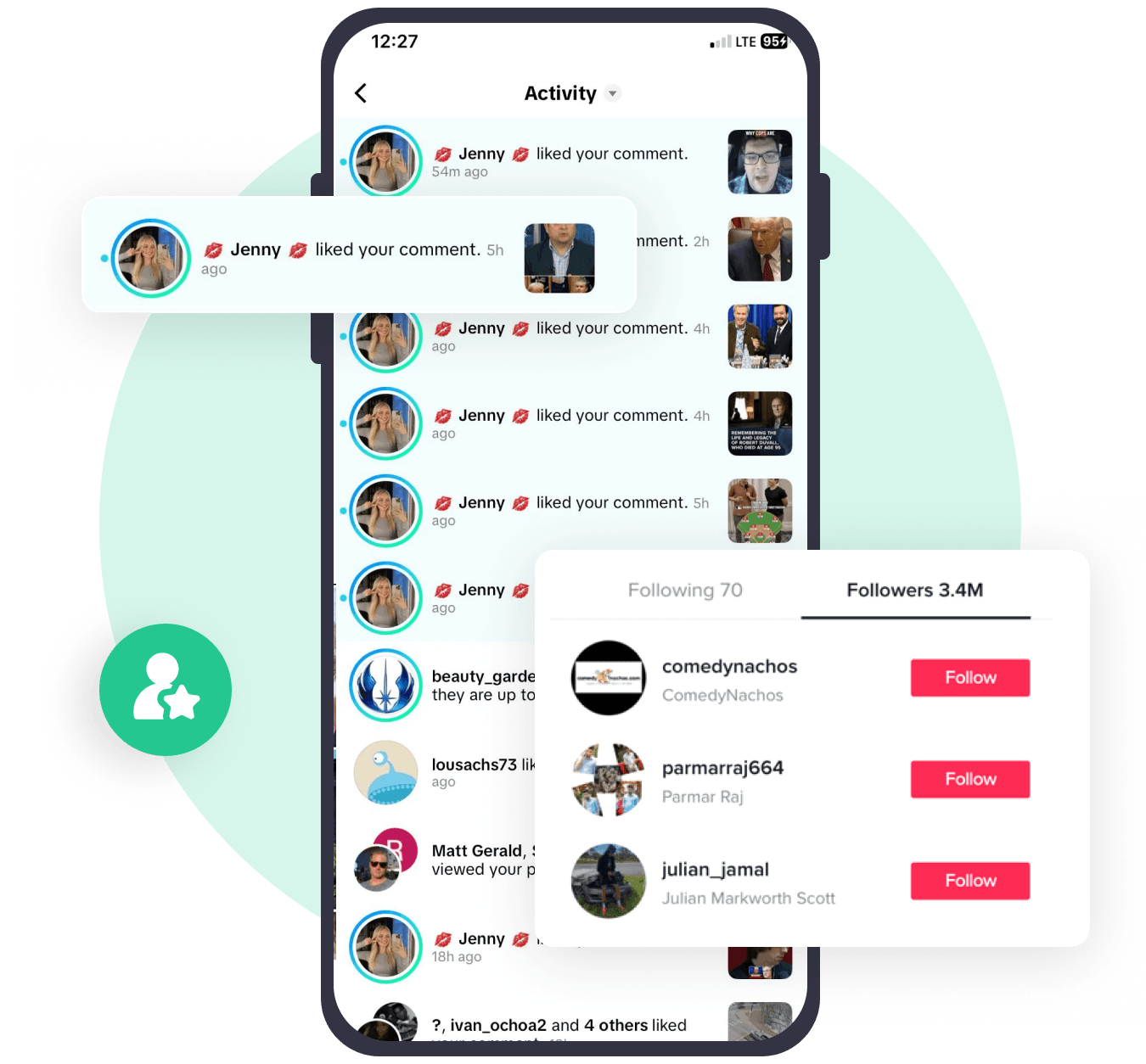 Atividade de comentários, seguidores e contas seguidas no TikTok