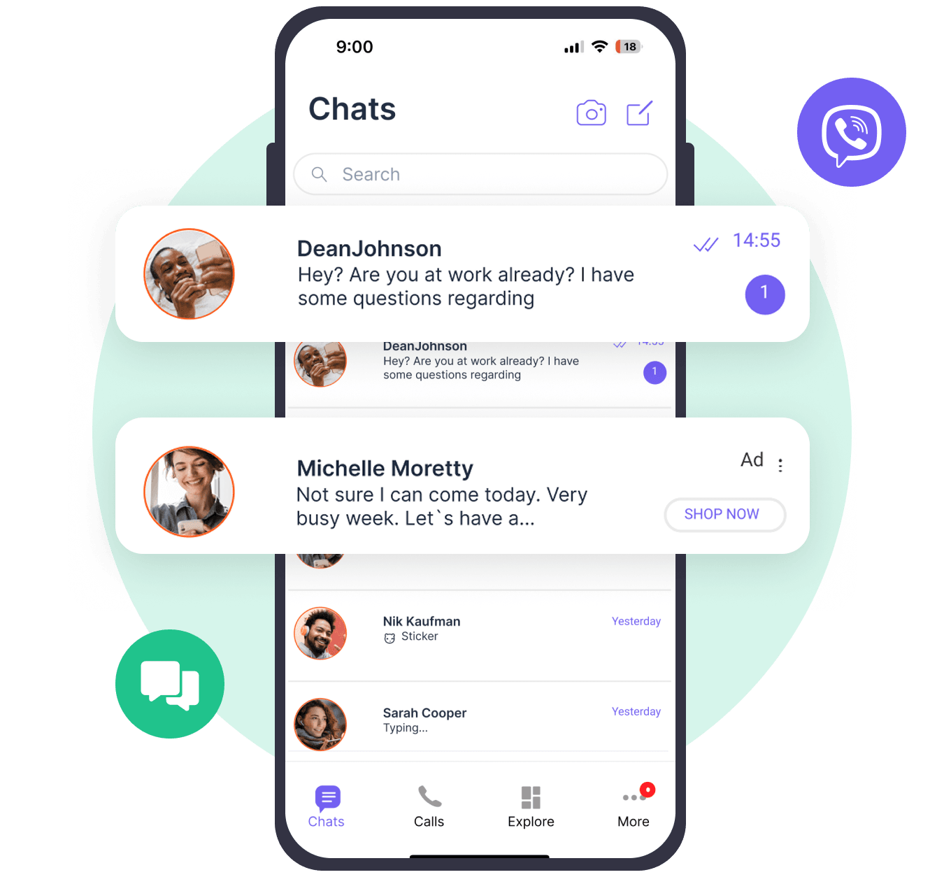 Liste de chats Viber avec messages entrants capturés en temps réel