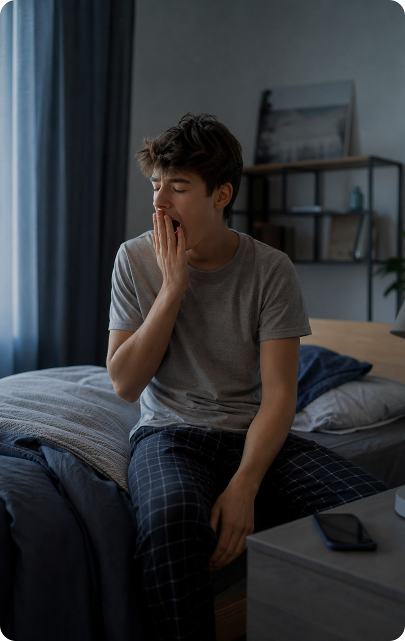Adolescente cansado después de usar el teléfono a altas horas de la noche