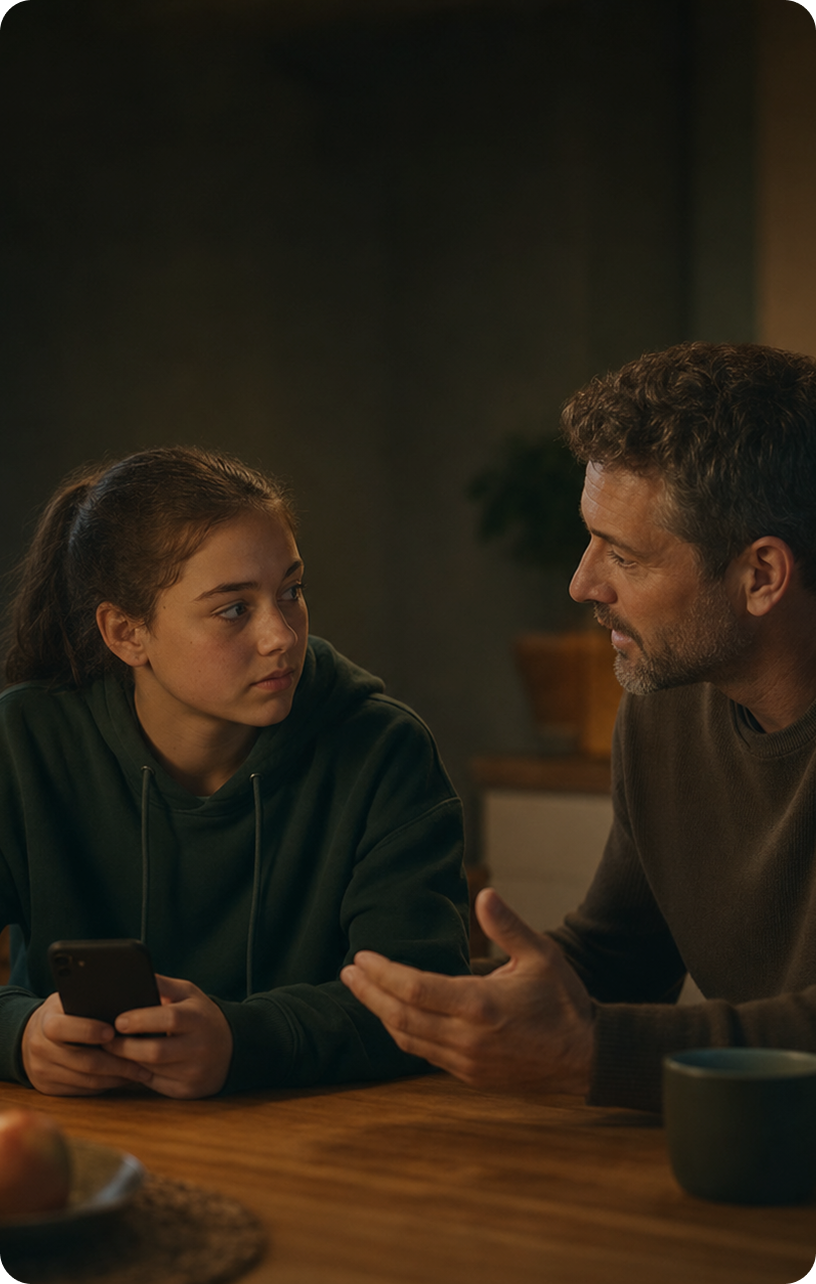 Padres discutiendo contenido en línea con un niño