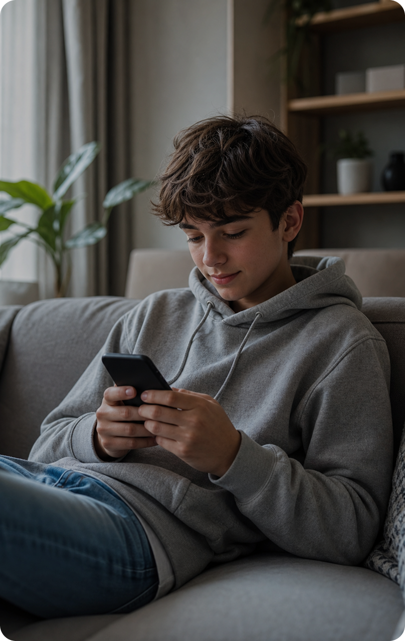 Adolescente usando un iPhone en casa