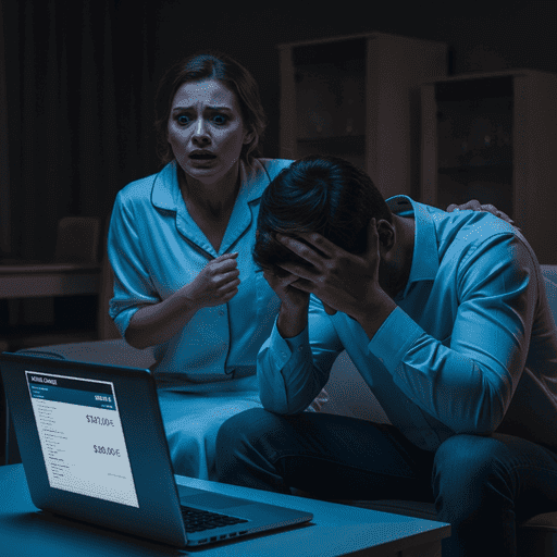 Anxious couple reacting to 'STOLEN' notice on laptop in dark room