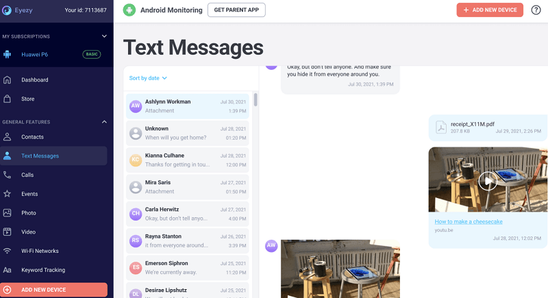 Eyezy AI-enhanced Android keylogger dashboard