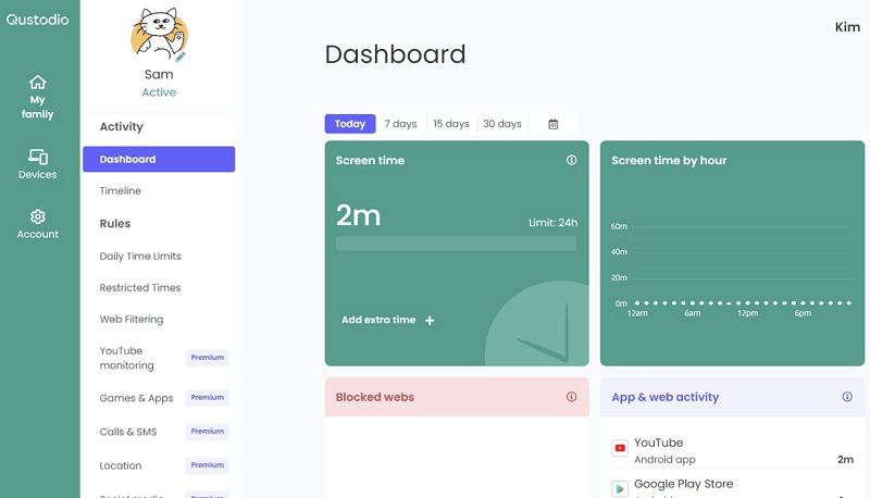 Qustodio screen time and parental controls dashboard
