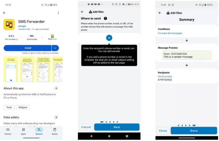 screenshot of an sms forwarder app interface on android