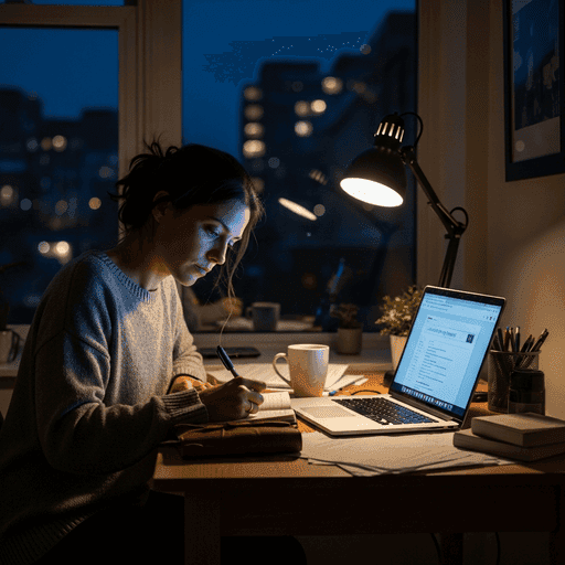 Woman at desk with laptop, city lights outside