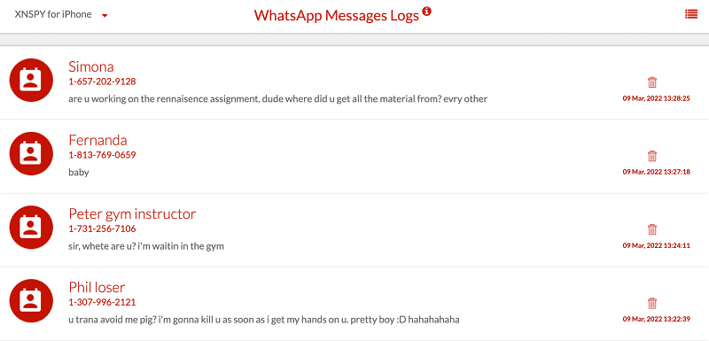XNSPY dashboard with text messages and GPS data