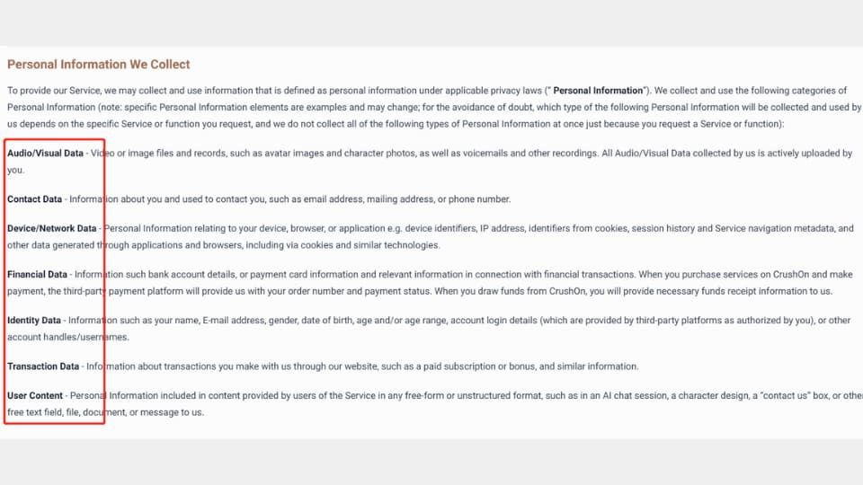 crushon ai has data collection and privacy risks