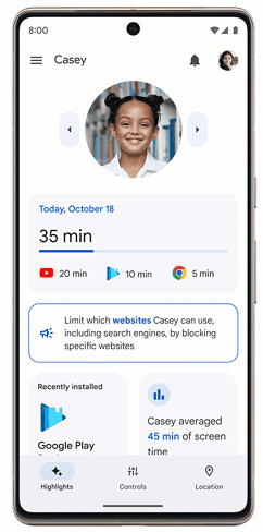 Google Family Link parental control dashboard