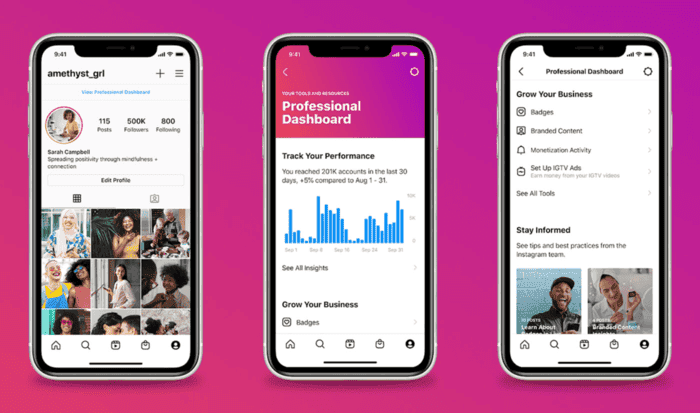 instagram Creator account dashboard displaying daily insights, audience growth, and creator tools
