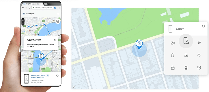 Samsung Find My Mobile device recovery dashboard
