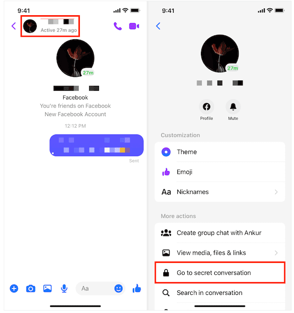 start a secret conversation messenger from an existing chat