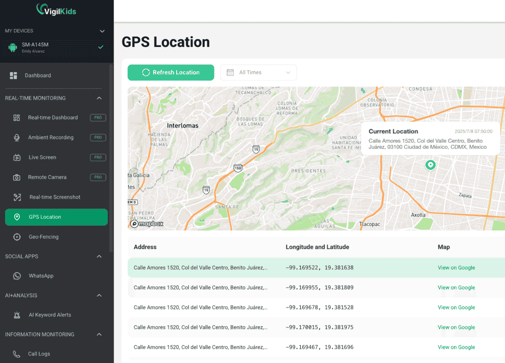 VigilKids GPS location dashboard