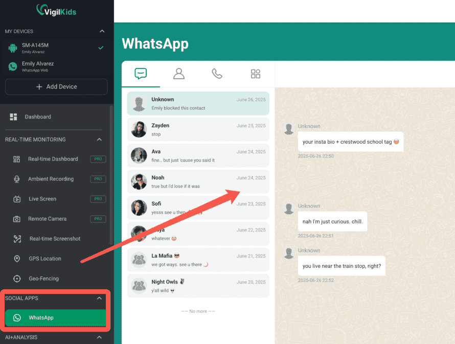 VigilKids WhatsApp tracker dashboard 2026